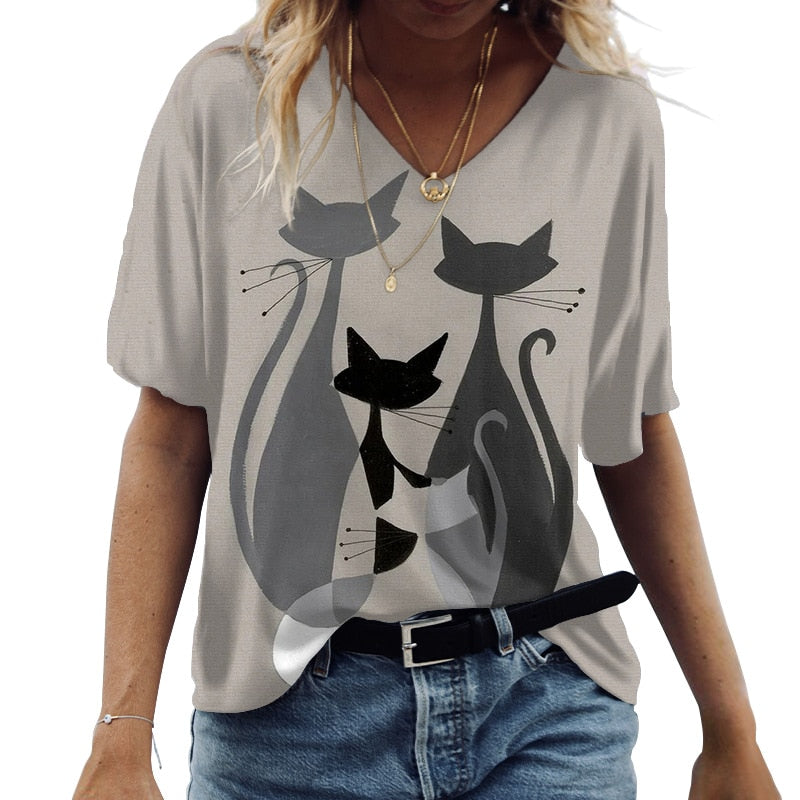 CAT PRINT SHORT SLEEVE V-NECK FASHION CASUAL T-SHIRT