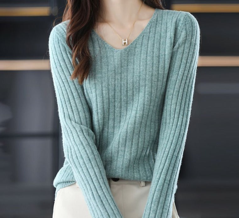 LONG SLEEVE KNITTED PULLOVER V-NECK FASHION SWEATER