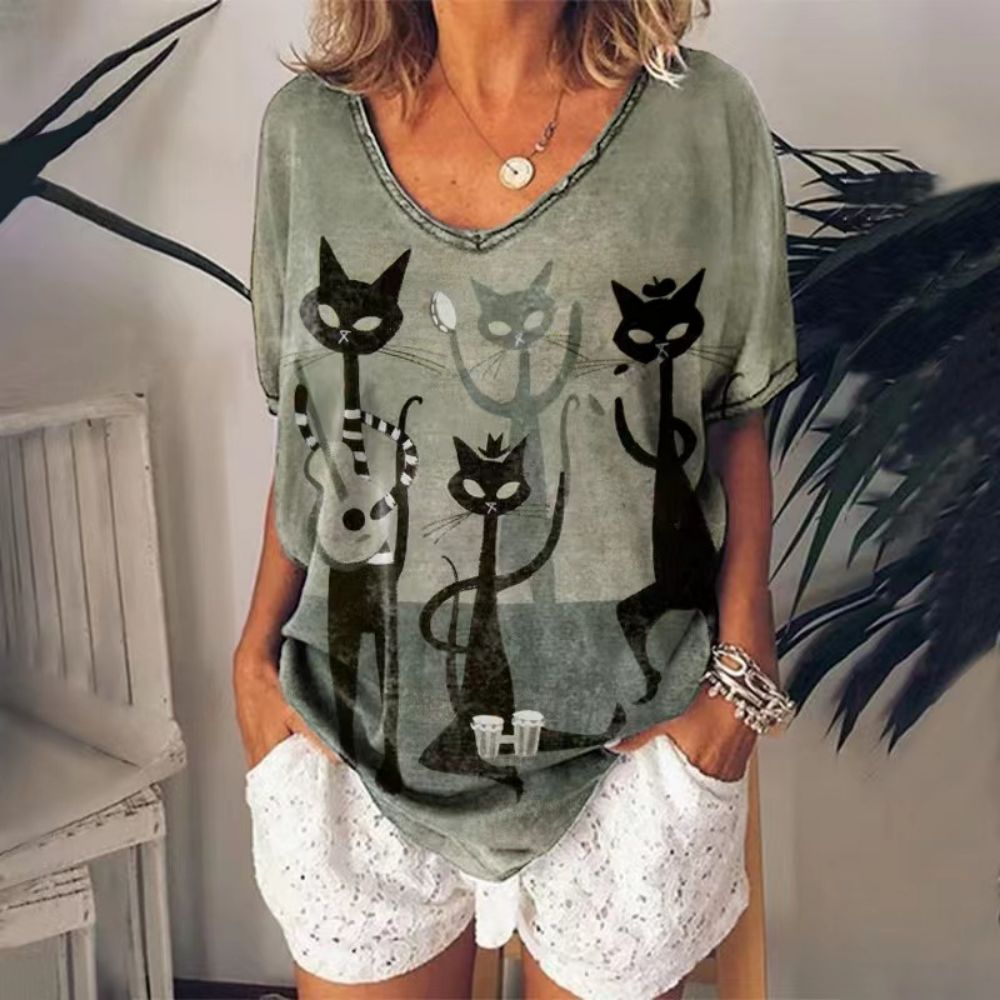 CAT PRINT SHORT SLEEVE V-NECK FASHION CASUAL T-SHIRT