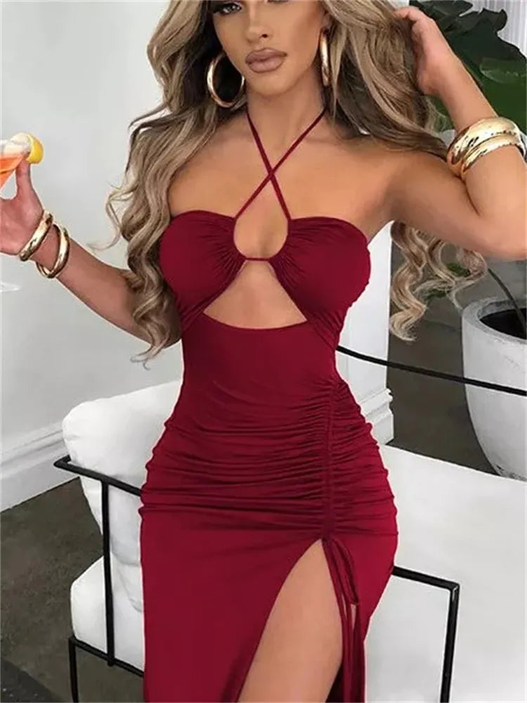 HOLLOW OUT DRAWSTRING HIGH SPLIT RUCHED DRESS
