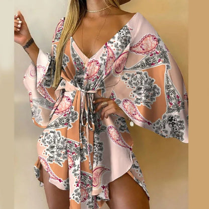 Print  V-Neck Bat Sleeve Dress