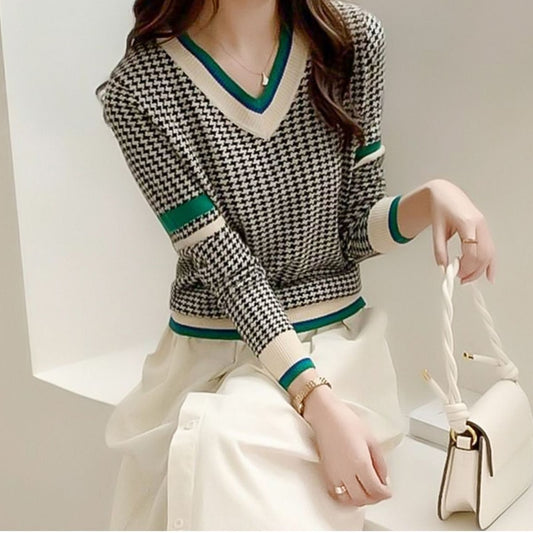 HOUNDSTOOTH CASUAL V-NECK FASHION SWEATER