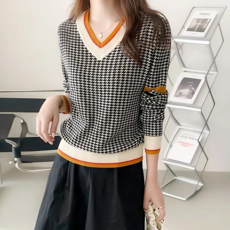 HOUNDSTOOTH CASUAL V-NECK FASHION SWEATER