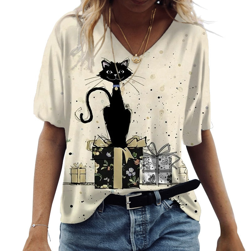 CAT PRINT SHORT SLEEVE V-NECK FASHION CASUAL T-SHIRT