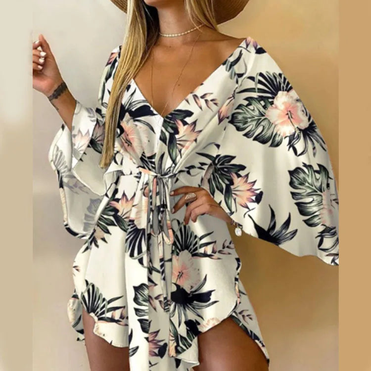 Print  V-Neck Bat Sleeve Dress