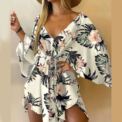 Print  V-Neck Bat Sleeve Dress