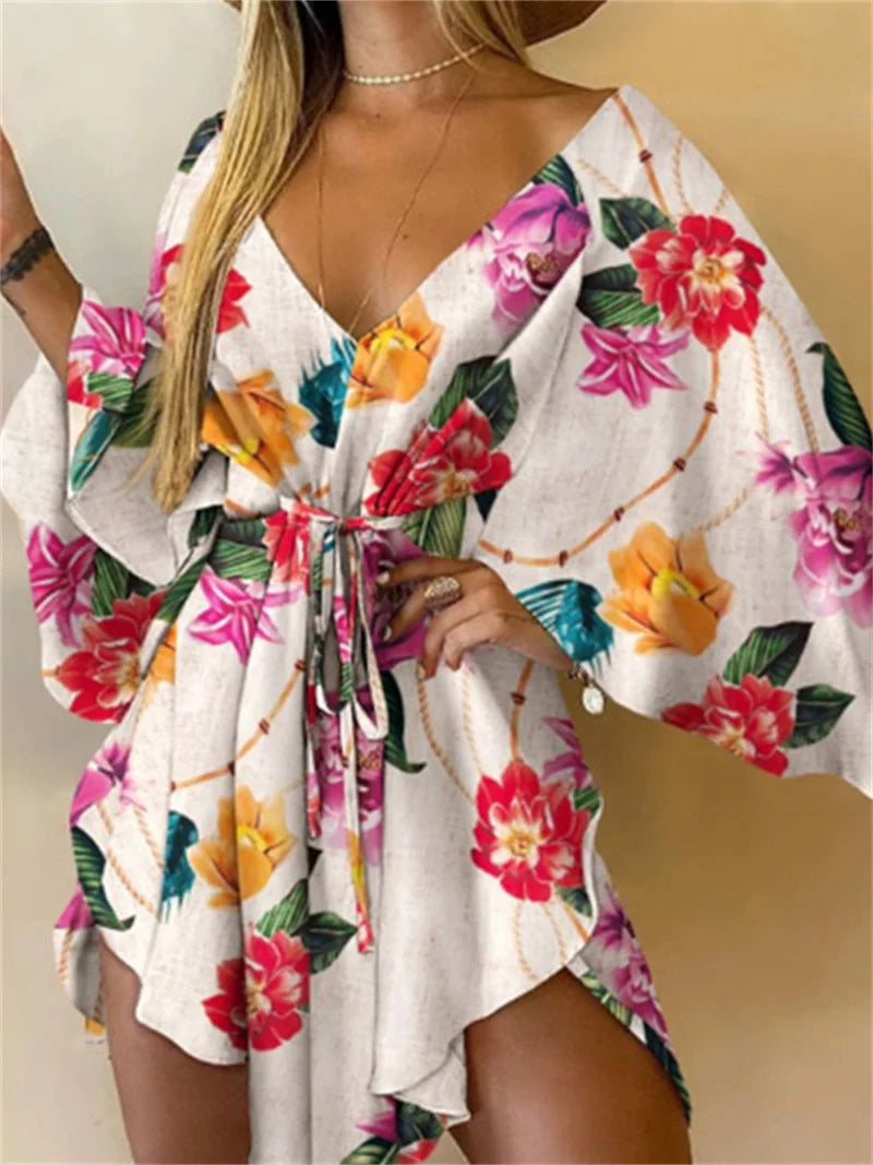 Print  V-Neck Bat Sleeve Dress