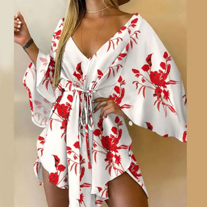 Print  V-Neck Bat Sleeve Dress