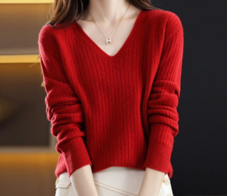 LONG SLEEVE KNITTED PULLOVER V-NECK FASHION SWEATER