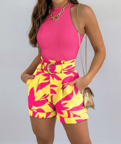 SLEEVELESS CAMI TANK HIGH WAIST PRINT SHORTS 2PCS SET
