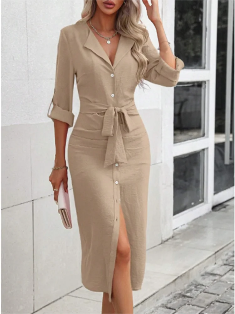 Long Sleeved Button Lace Up Dress