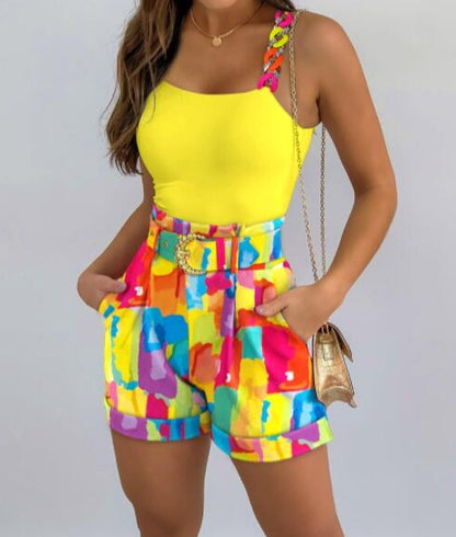 SLEEVELESS CAMI TANK HIGH WAIST PRINT SHORTS 2PCS SET