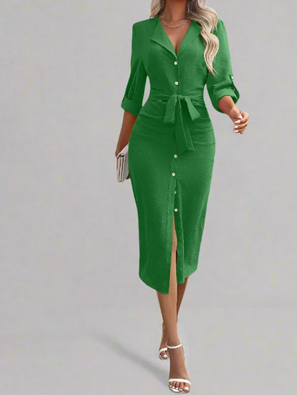 Long Sleeved Button Lace Up Dress