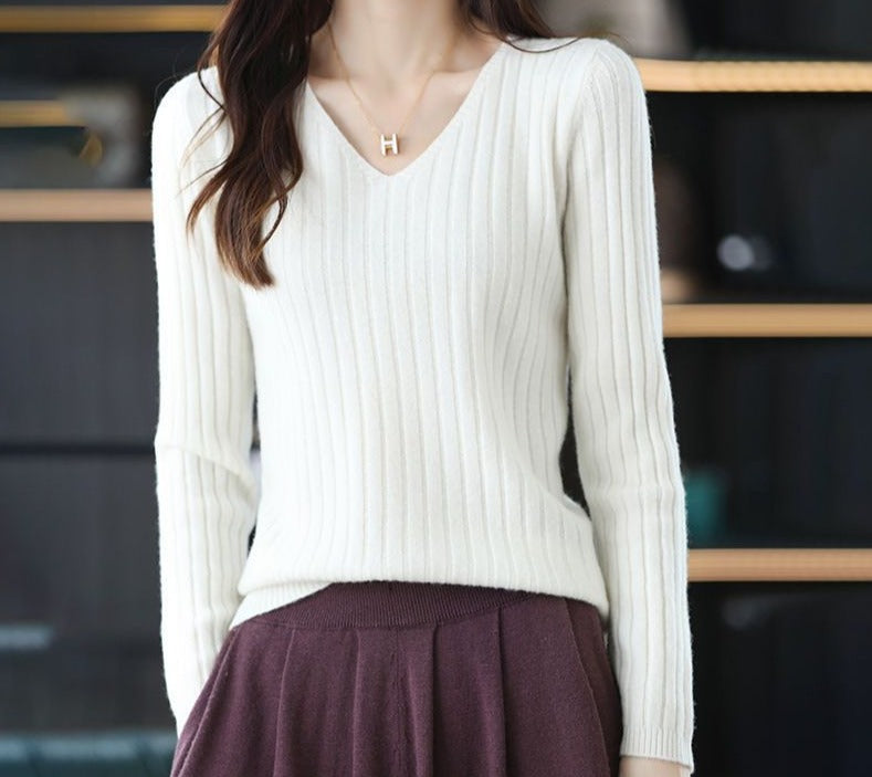 LONG SLEEVE KNITTED PULLOVER V-NECK FASHION SWEATER