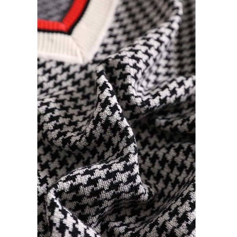 HOUNDSTOOTH CASUAL V-NECK FASHION SWEATER