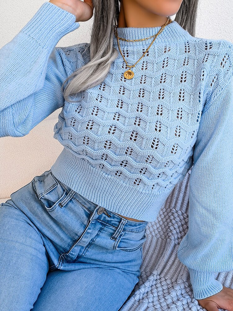 KNITTED LONG SLEEVE HOLLOW CROP TOP SWEATER