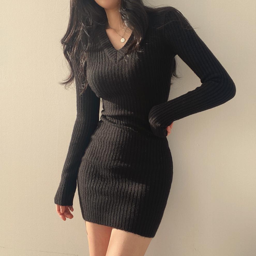 RETRO KNITTED MINI BODYCON LONG SLEEVE DRESS