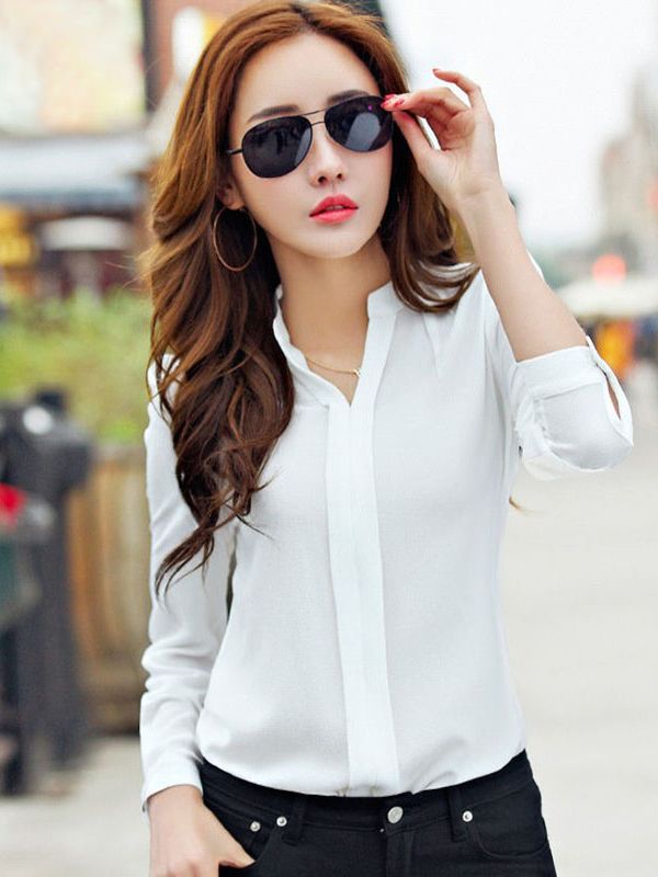 LONG SLEEVE V-NECK ELEGANT CHIFFON BLOUSE