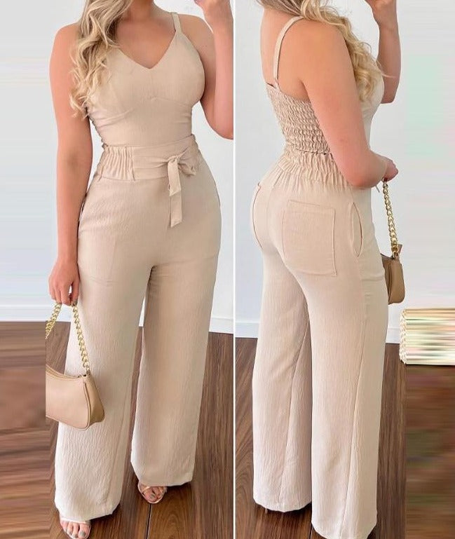 SHIRRED V-NECK SLEEVELESS CAMI TOP HIGH WAIST PANTS 2PCS SET