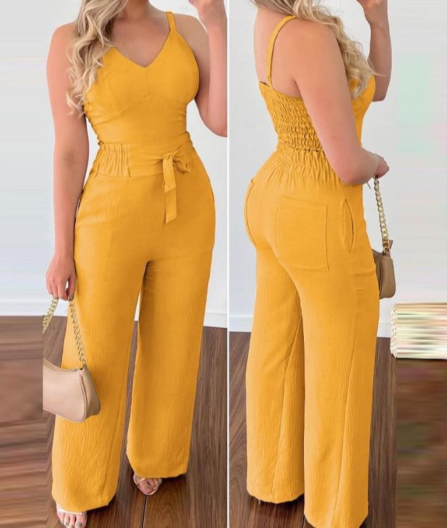 SHIRRED V-NECK SLEEVELESS CAMI TOP HIGH WAIST PANTS 2PCS SET