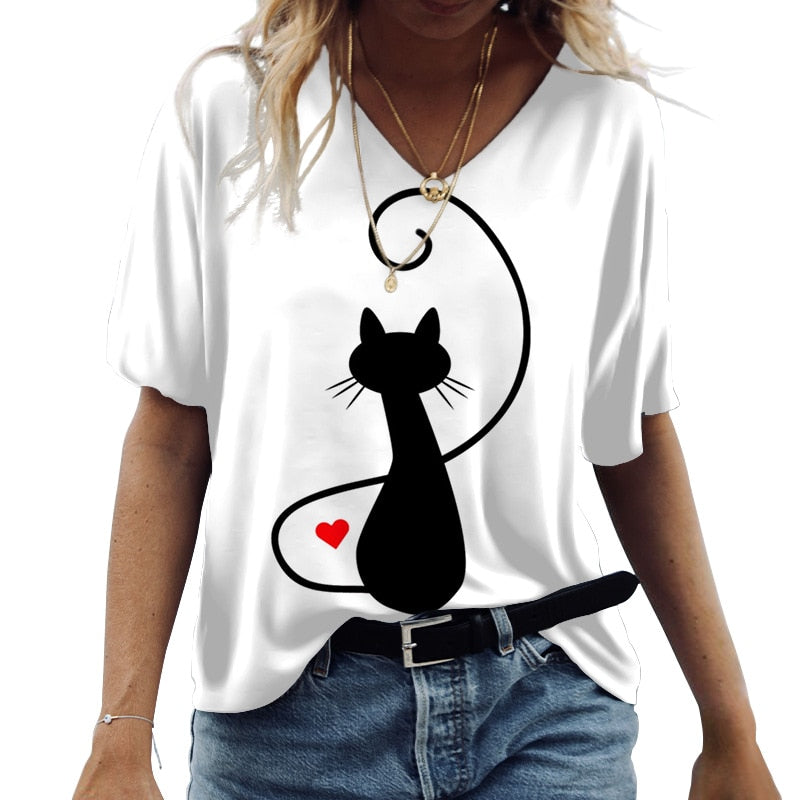 CAT PRINT SHORT SLEEVE V-NECK FASHION CASUAL T-SHIRT