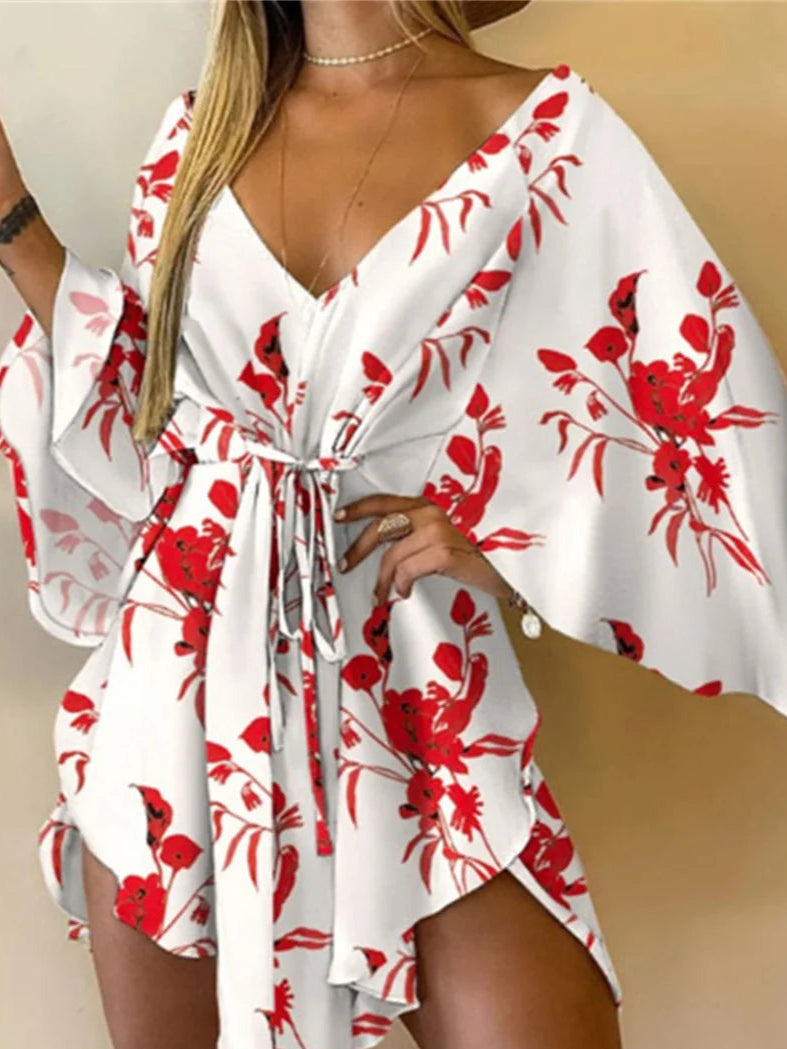 Print  V-Neck Bat Sleeve Dress