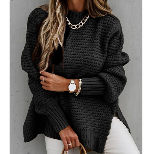 HALF TURTLENECK SOLID SPLIT KNITTED SWEATER