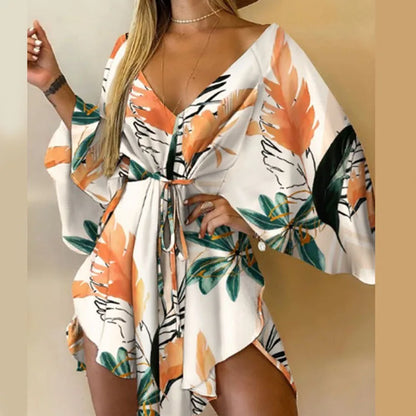 Print  V-Neck Bat Sleeve Dress