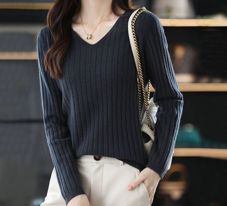 LONG SLEEVE KNITTED PULLOVER V-NECK FASHION SWEATER