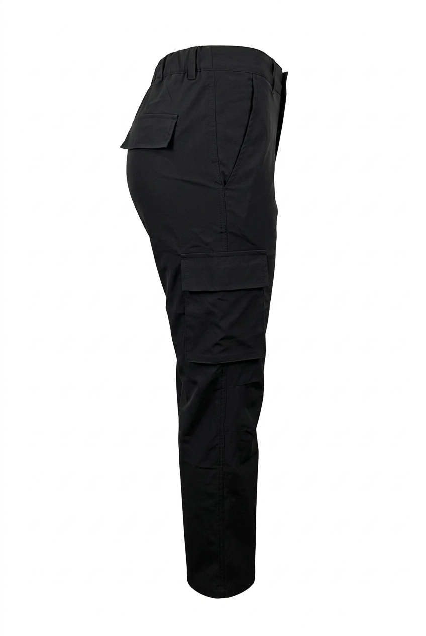 Black cargo pants, side