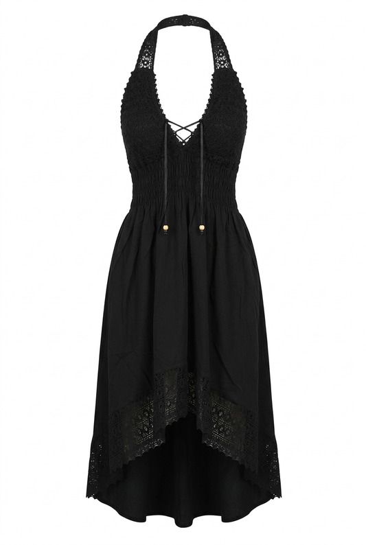 Black dress front view without hat or mannequin