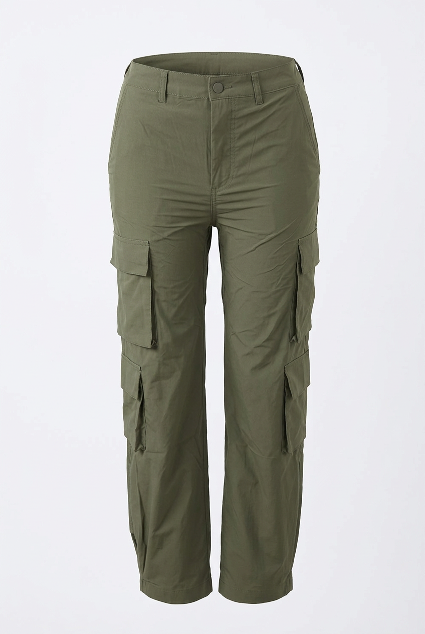 Olive cargo pants, front