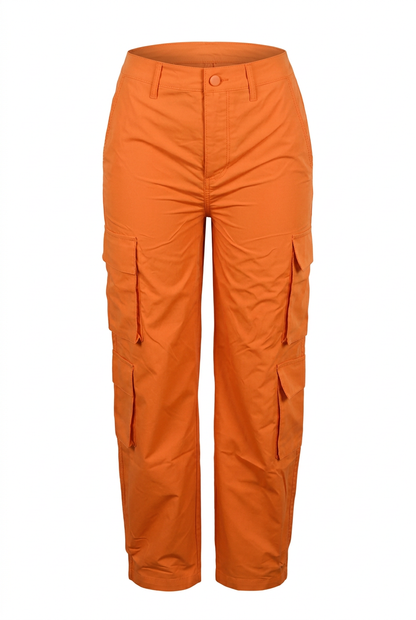 Orange cargo pants, front