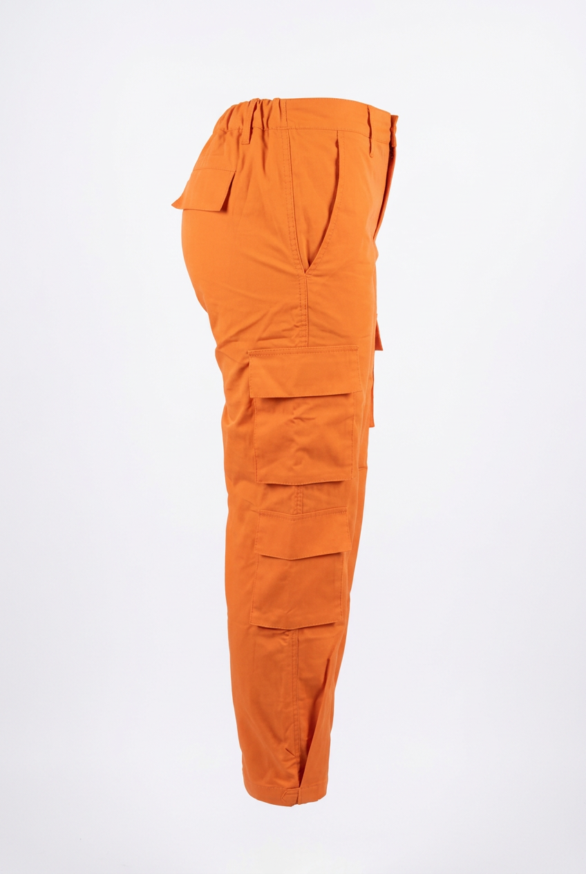 Orange cargo pants, side