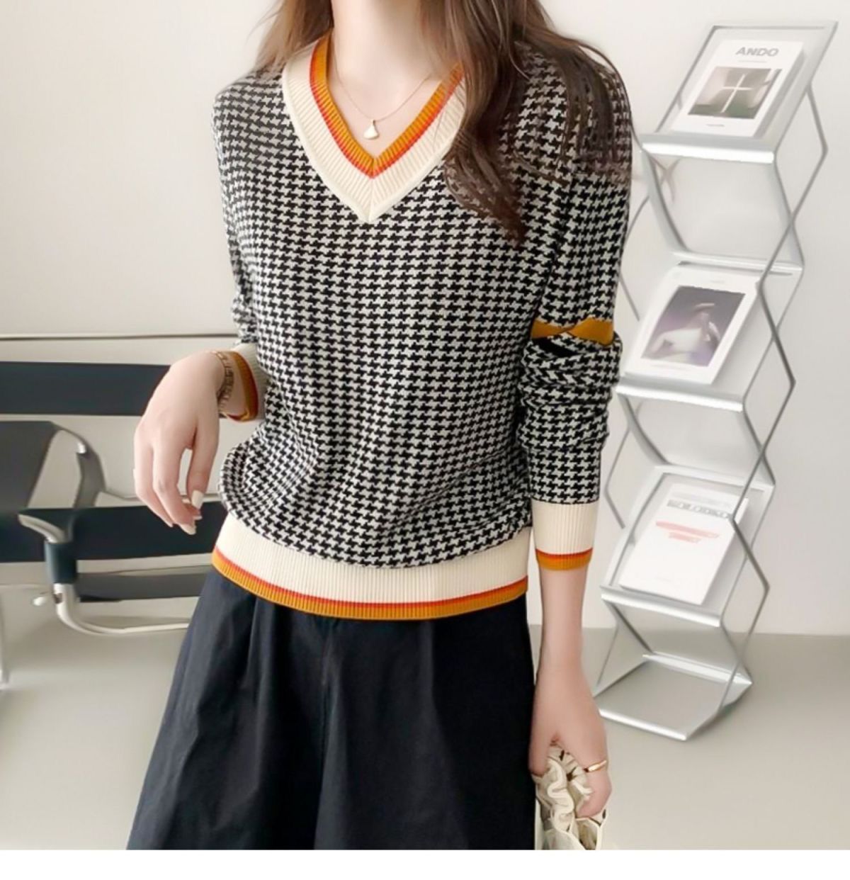 HOUNDSTOOTH CASUAL V-NECK FASHION SWEATER