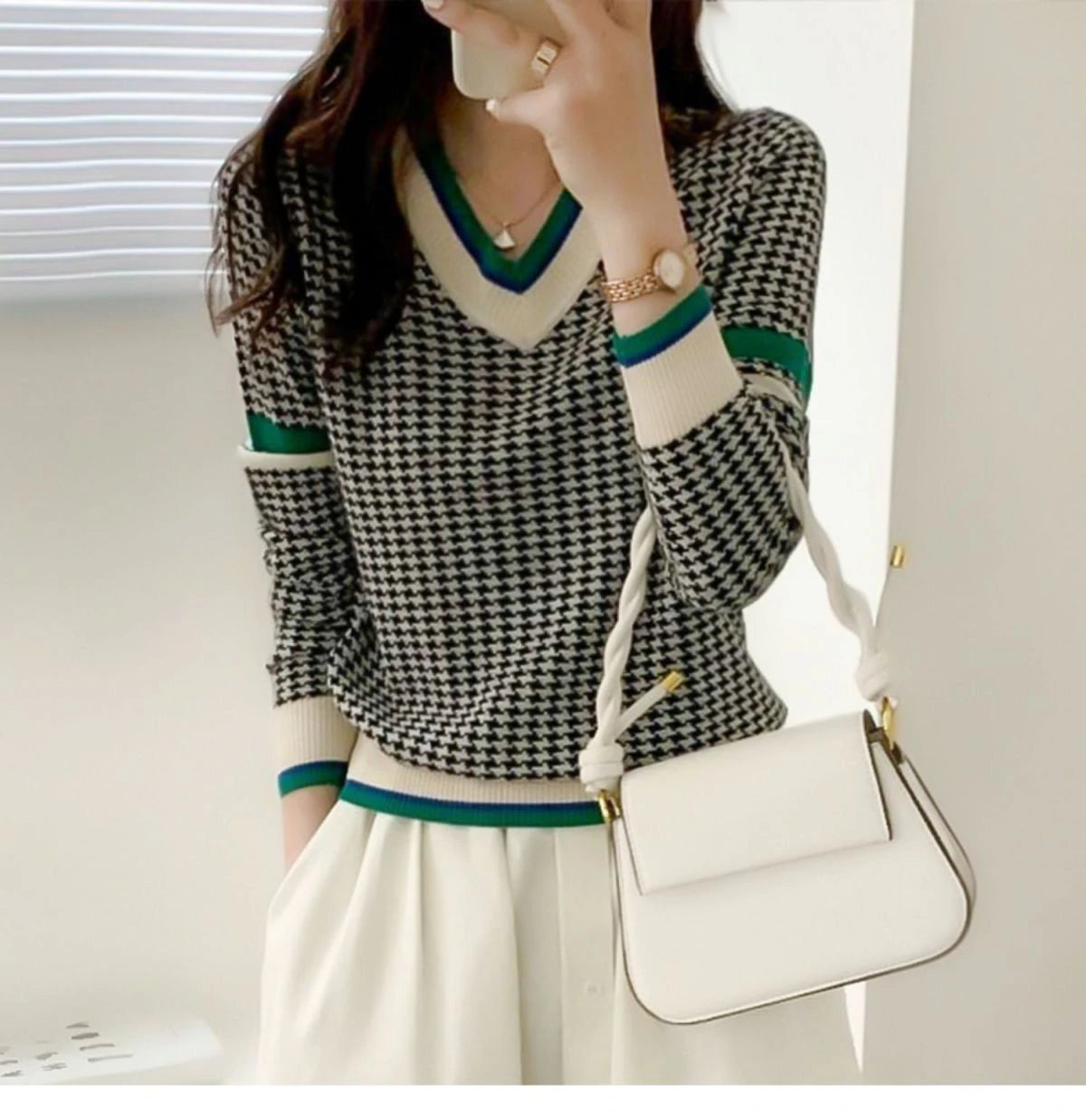 HOUNDSTOOTH CASUAL V-NECK FASHION SWEATER