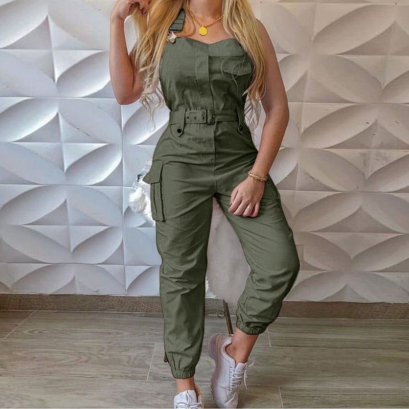 SOLID CARGO JUMPSUIT SLEEVELESS OVERALLS