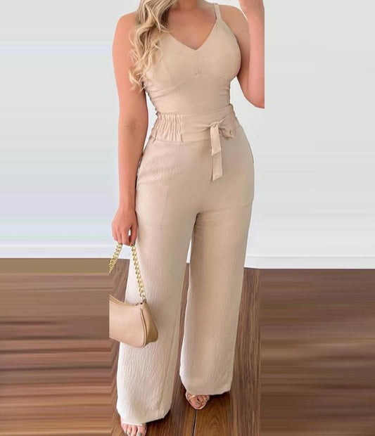 SHIRRED V-NECK SLEEVELESS CAMI TOP HIGH WAIST PANTS 2PCS SET