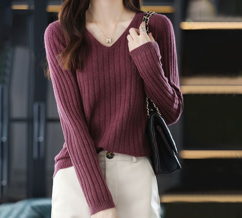 LONG SLEEVE KNITTED PULLOVER V-NECK FASHION SWEATER