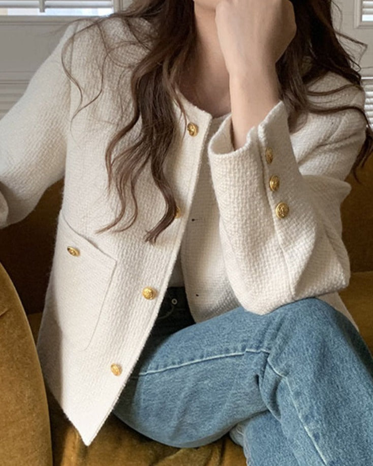 ELEGANT O NECK SHORT TWEED JACKET