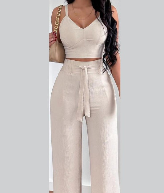 SHIRRED PLAIN V-NECK SLEEVELESS CROP TOP WIDE LEG PANTS SET