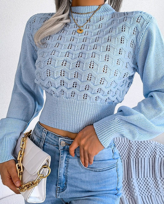 KNITTED LONG SLEEVE HOLLOW CROP TOP SWEATER