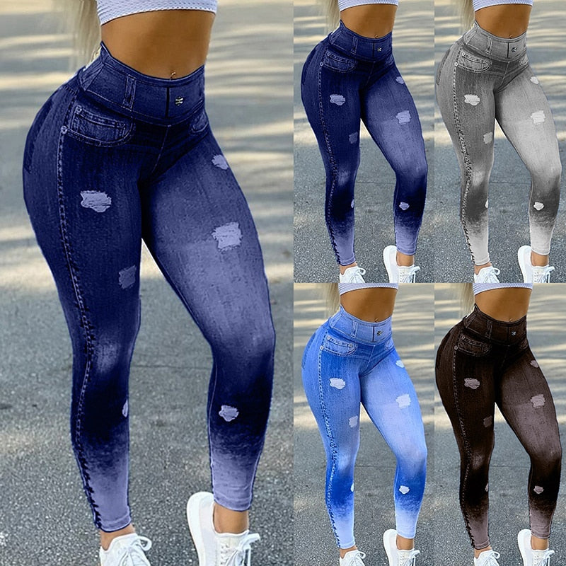 HIGH WAIST FAUX DENIM JEAN LEGGINGS